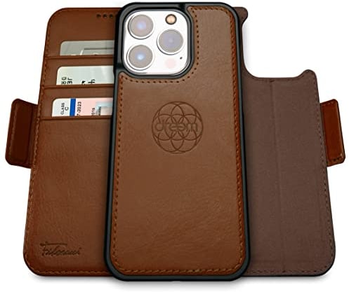 Dreem Fibonacci kompatibel mit iPhone 14 Pro Brieftaschen-Etui / 2-in-1 stoßfestes Etui und abnehmbares Folio aus veganem Leder, MagSafe-kompatibel, RFID-Schutz [Schokolade]