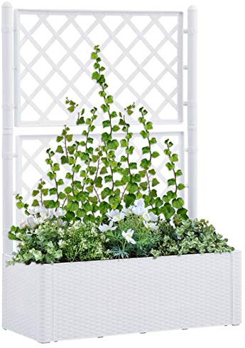 QIONGHA Garten-Hochbeet mit Spalier und Selbstbewässerungssystem, Palettenrahmen, Hochteich, Gemüsebeet, Kräuterregal Balkon, Blumenbeet, Kräuterspirale, Tomatenbeet, Pflanzhochbeet, Weiß
