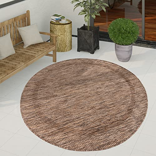 Paco Home Outdoor Teppich wetterfest & pflegeleicht Flachgewebe in Sisal-Optik mit Bordüre UV-beständig Modern für Balkon, Terrasse, Garten, Wohnzimmer, Grösse:200 cm Rund, Farbe:Braun