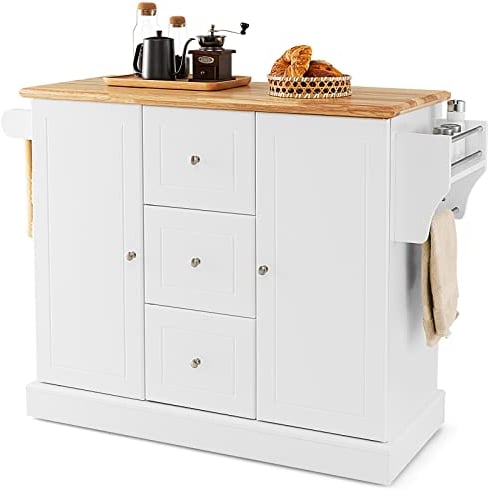 COSTWAY Large Kitchen Island on Hidden Wheels, Rolling Storage Trolley Cart with Rubber Wood Countertop, 3 Drawers, 2 Cabinets & Adjustable Shelf, Serving Utility Organiser Cabinet,127x46x92cm (White)