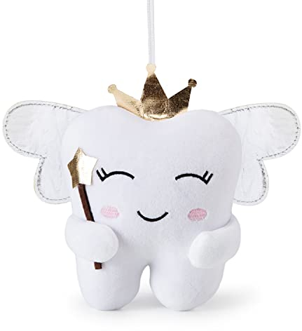 free-space Zahnfee-Puppe mit glänzenden Flügeln, Besticktes Zahnfee-Kissen mit Tasche, Zahnfee-Souvenir, Geschenk für Jungen und Mädchen (Weiss)