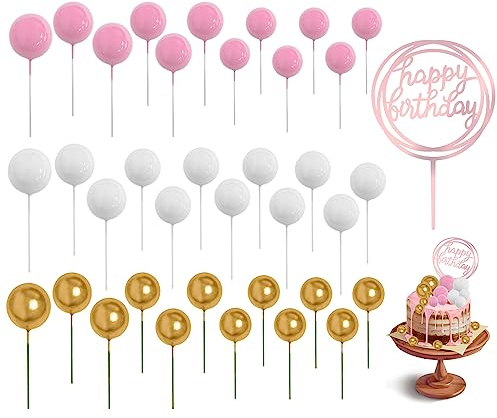36PCS Cake Ball Plugin and 1 Birthday Topper, Cake Toppers, Pearl Foam Balls, DIY Cake Toppers for Baking Decorations, Birthday Party (Golden Pink White)