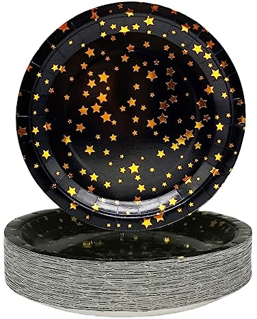 CEILIWEN Platos de papel negro, paquete de 50 platos de papel negros y dorados de 7 pulgadas, platos de papel dorados, platos desechables negros, platos de estrella de oro negro