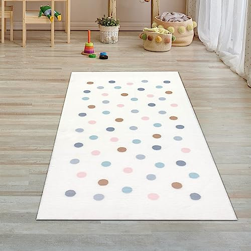 Teppich-Traum Teppich-Läufer Kinderteppich Kinderzimmer weich bunten Punkten pflegeleicht in Creme 80 x 150 cm