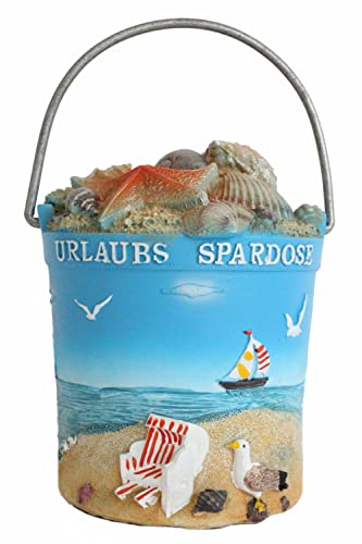 •Spardose – Strandeimer „Urlaubs-Spardose“ - Sparbüchse Urlaub Reisekasse Sparschwein Geldgeschenk aus Kunststein H.: 11cm