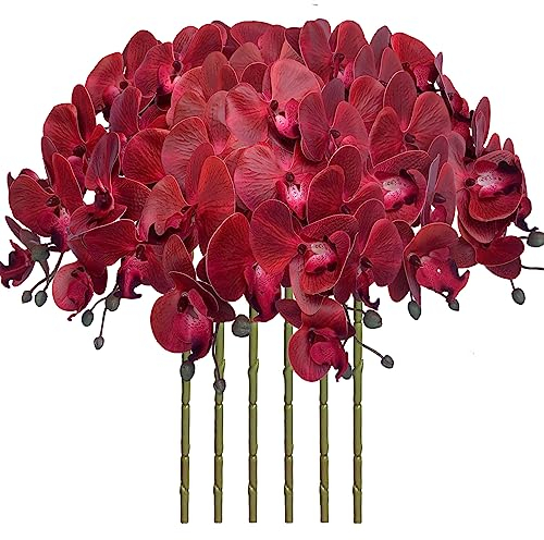 FagusHome 6 Stück Künstliche Phalaenopsis Blumen Weiß 80cm Künstliche Orchideenblumen Stammpflanzen für Wohnkultur (Rot)
