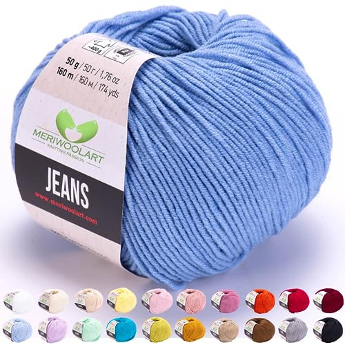 MeriWoolArt® Hellblau Baumwollgarn zum Stricken und Häkeln, Textilgarn, Stoffgarn, Baby Wollgarn für Handarbeiten, Babykleidung, Amigurumi, Babydecke, Pullover, Mützen und Accessoires