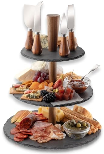 4 Piece Acacia Cheese Knife Set & 3-tier Slate Stand - Stylish Cheese Knives Set With Cheese Slate Stand Display Etagere. Acacia Wood Knife Handles & Classic Stainless Steel Blades. 10 Year Guarantee