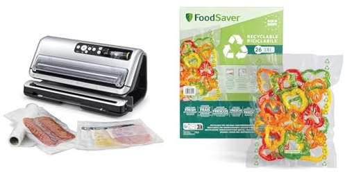 FoodSaver Vakuumiergerät für Lebensmittel | Vollautomatischer Vakuumierer mit Rollenaufbewahrung & Schneidevorrichtung | Enthält sortierte Vakuumbeutel + Plastic, Recycelbare Beutel