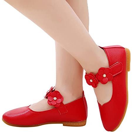 Scarpe da principessa, da bambina, con ballerina, eleganti scarpe da battesimo, antiscivolo, per feste, ballerine, con chiusura in , Colore: rosso, 35 EU