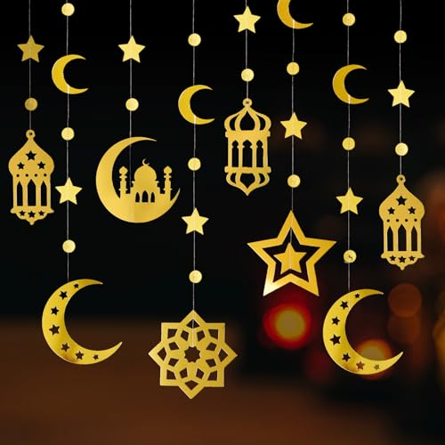 12 Stück 6 Stile Eid Mubarak Dekoration Papier Hängend Banner Anhänger Ornament Mond Sterne Girlande für Ramadan Kareem Party Haus Decken Fenstertür Deko