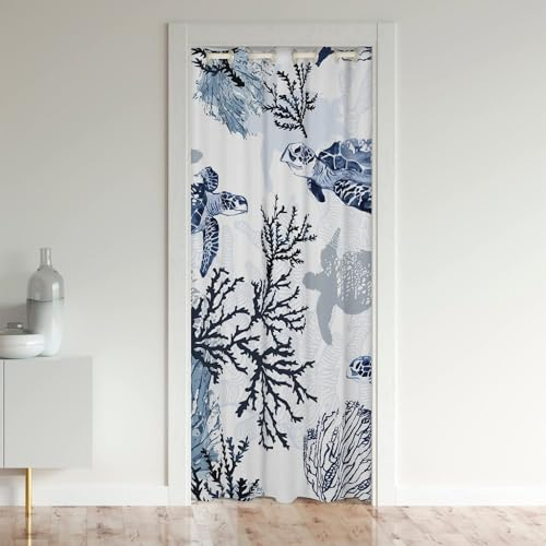 Homewish Rideaux de Porte Tortue 106x203 cm - Occultant Hawaïen Blanc Bleu - Intérieur et Placard - Reptile de Mer Rétro Plage Côtière