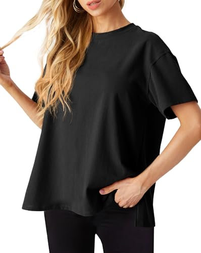 GRECERELLE Womens Summer T Shirts - Cotton Oversized Drop Shoulder Half Sleeve Casual Crew Neck Ladies Tops with Slit Hem for Baggy Fashion (Black L)