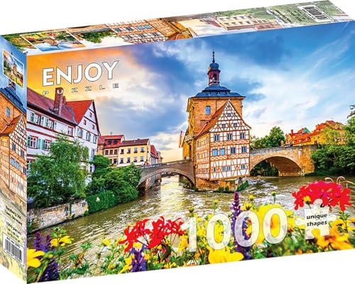 1000 Pieces Jigsaw Puzzle – Matte Finish, Soft Touch, Sturdy and Unique Pieces, Tight Fit, Vivid Colors, Missing Pieces Service – Historic Old Town Cityscape of Bamberg Germany – by ENJOY Puzzle
