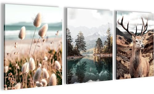 Novart Wandbilder Set Wald Hirsch - KOMPLETT AUFHÄNGFERTIG - Wohnzimmer Schlafzimmer Deko - 3 Moderne Bilder Natur Berge - N013235a