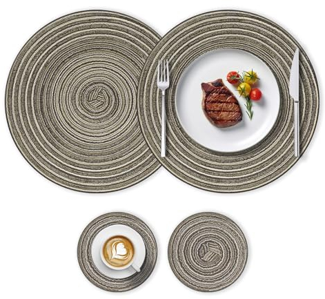 Set de Table Lavable Rond, 2pcs Dessous Assiette φ30 Cm 2pcs Dessous de Verre φ11cm sous Plat de Table Tressé Napperon Antidérapant Tapis Résistant à Chaleur Couleur Café Porte Couverts pour Cuisine