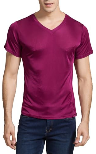 MOONSIYU Mens Soft Silk T-Shirts Short Sleeve Pure Silk Dress Tee Shirts Breathable V-Neck Undershirt Top(V-Wine,XL)