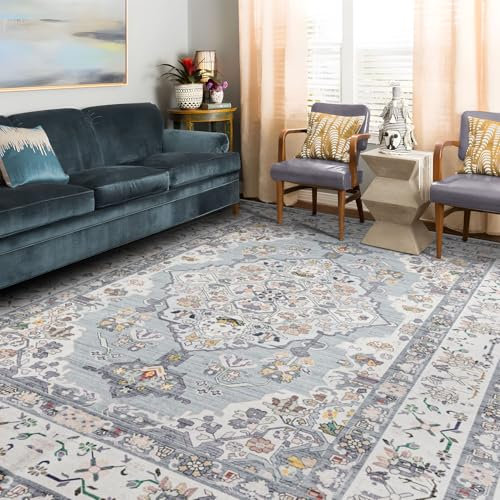 TALETA Teppich Wohnzimmer Kurzflor, Orientalisch Waschbar für Esszimmer, Schlafzimmer - Hellblau, 190 x 280cm