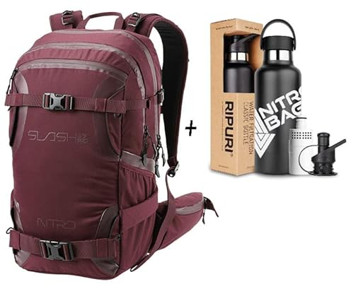 Nitro, Slash 25 Pro Set con Botella y Filtro Ripuri de 600 ml, Mochila de Snowboard, Mochila de excursión, 25 L, Vino, Burdeos, 25 L, Mochila Mochilas