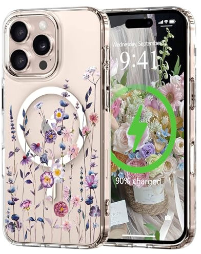 L-FADNUT Magnetic for iPhone 16 Pro Max Case, Compatible with Magsafe Floral Pattern Design, Clear Girly Flower Cover Slim Bumper Shockproof Protective Phone Case for iPhone 16 Pro Max Multicolor