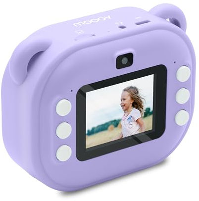 Mooov 477523 - Camara Fotos Infantil instantanea, 2,4’‘ Full HD/HD, cámara Fotos Infantil para niños y niñas, 18 Efectos/Marcos, 5 Juegos, 2 Rollos de Papel fotográfico de impresión, Lila