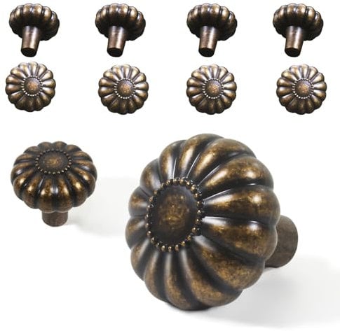 Antique Brass Cabinet Knobs Retro Old Style 8 Pack, Vintage Closet Dresser Cupboard Drawer Furniture Door Pulls Kitchen Bathroom Farmhouse Handles Unique Rustic Floral Replacement Knob for Dressers