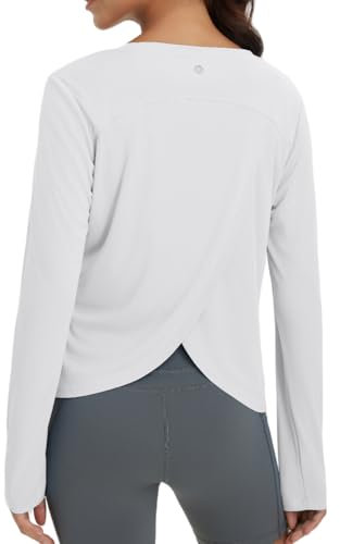 baleaf Women's Long Sleeve Gym Tops Crossed Back Running Yoga Sports Tank Tops Quick Dry UV Protection White XL