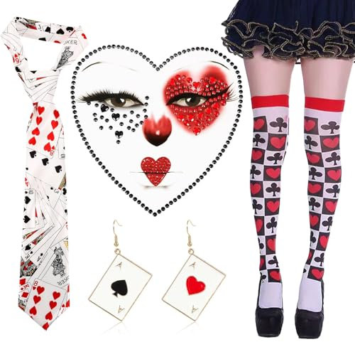 Karneval Kostüm Damen, Poker Cards Tie, Earrings & Hold-Up Stockings, Queen of Hearts Design, Perfect for Casino Party, Fancy Dress & Themed Parties Herzen Kostüm für Karneval