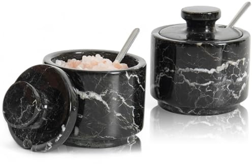 MARBLOUS KRAFTS Bodega de sal de mármol con tapa y cuchara, caja de sal de Navidad con diseño de cebra negra de 3 pulgadas para regalo, juego pequeño moderno de 2 unidades de almacenamiento de azúcar
