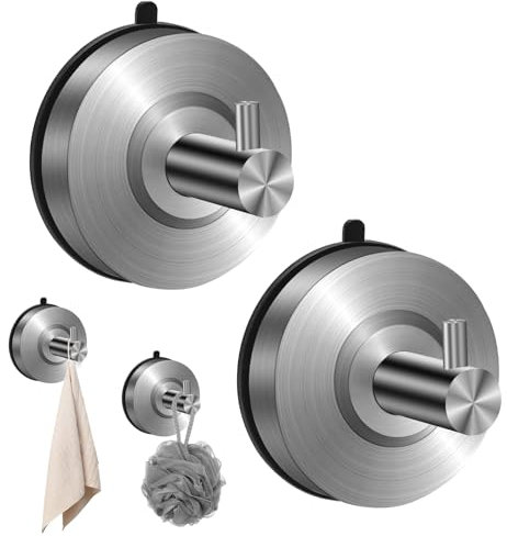 Diesisa 2Pcs Suction Cup Hooks - 304 Stainless Steel Shower Hook- No Drill - Bathroom - Reusable Towel Suction - Self Adhesive Coat Hook for Bathroom Bedroom - Silver