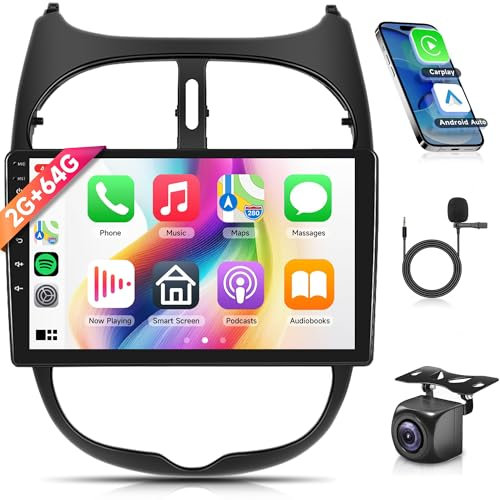 2G+64G sans Fil Carplay Android Autoradio 2 Din pour Peugeot 206 206CC 206SW 2000-2016 Citroen C2 2002-2010 9 Pouces Autoradio avec Android Auto GPS Navi WiFi Bluetooth FM/RDS/EQ/SWC Caméra de Recul