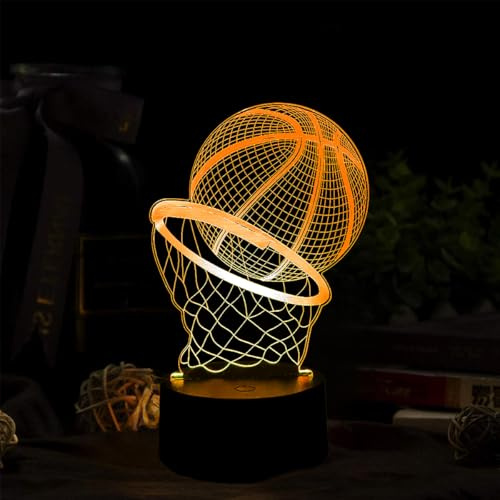 Deluisho Lampada notturna 3D a forma di pallacanestro, con illusione 3D, per bambini, a forma di pallacanestro, ottimo regalo per bambini e amanti del basket, elementi essenziali per la decorazione