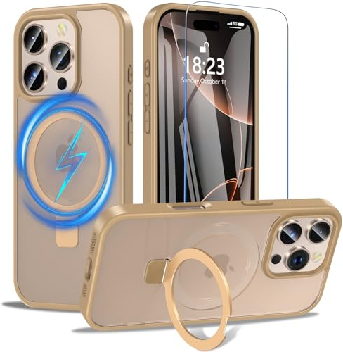 OWKEY iPhone 16 Pro Hülle mit Ständer,Kompatibel mit MagSafe,Magnetisch Handyhülle iPhone 16 Pro Case mit Panzer Glas [Schutz in Militärqualität] Stoßfeste Transluzente Matte Schutzhülle,Wüstentitan