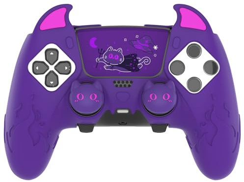 PlayVital Coque pour ps5 Edge Grip Manette avec Protection Joystick pour ps5 Edge Controller Accessoires & Autocollant Pavé Tactile,Housse Silicone Antidérapant Cover Skin-Violet,Démon Mignon