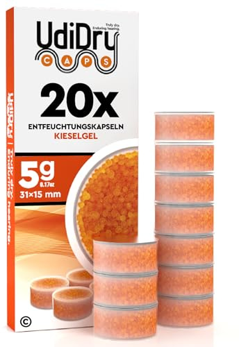 20 Trocknungskapseln für Hörgeräte UdiDry Caps Universal Premium Kieselgel 5g 31mm Trockenkapseln für Hörgeräten Trockentabs Trockner Tabletten mit Farbindikator Entfeuchtungstabletten für Hörsystemen