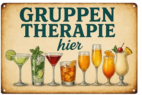AstraDesign Blechschild „Gruppentherapie hier“ 20x30 cm – Cocktail-Schild für Bar, Männerhöhle, Küche/Partykeller – Metallschild mit Drinks – langlebig, Wanddeko & Geschenkidee