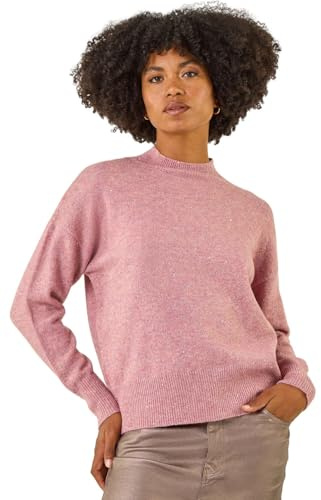 Roman Originals Diamante Sequin Jumper for Women UK Ladies Sparkly Glitter Sweater Embellished Smart Casual Autumn Winter High Neck Knitwear Knitted Pullover - Shell Pink - Size 10