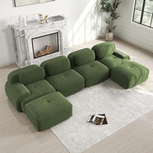 Bladez Modernes Modulares 4-Sitzer Cord Sofa ,U-förmiges Ecksofa mit Ottoman, 32D Hochelastische Polsterung,rutschfest & haustierfreundlich ,mit Breiten Armlehnen für Wohnzimmer,Grün,4-Sitzer+2
