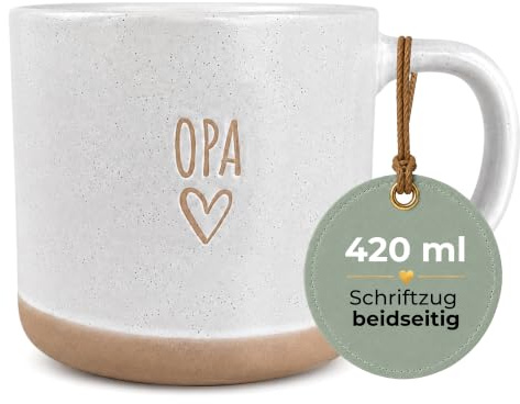 HerzHolzPapier® Große Steingut-Tasse „OPA“ – 420 ml – Keramik Kaffeetasse mit Herzmotiv – Beidseitiger Dekor-Druck – Spülmaschinen- & Mikrowellenfest – Geschenk für Opa, Großvater
