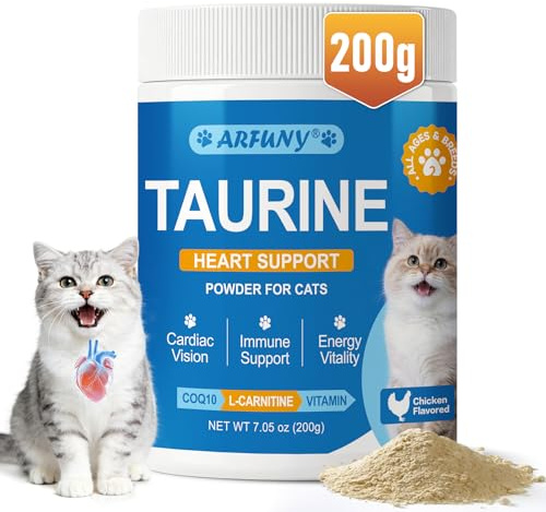 Taurin pulver för katter, hjärtstöd för katter, kycklingsmak | Katter taurin med koenzym Q10, L-karnitin, E-vitamin, MSM och GOS, för ögon, immunförsvar, hud, päls, leder, 200 g