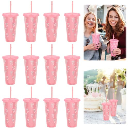 Guniata 12 vasos de 710 ml con tapa y pajita, vasos reutilizables con pajita, vasos de plástico, para fiestas, playa y fiestas en la piscina (rosa, 710 ml)