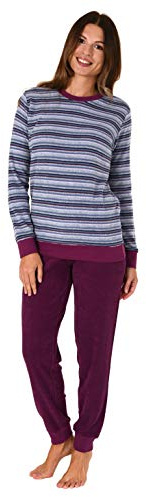 Damen Frottee Pyjama lang, Schlafanzug mit Bündchen und modischen Ringeln - 59892