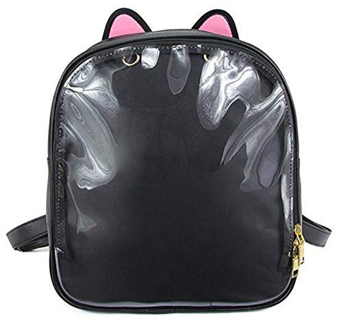 KEEPOP Ita Rucksäcke Mädchen Netter Schulrucksack Katzenohren Design Daypack Damen Sommer Strandtasche Transparente Fenster für DIY Pins Dekore, Schwarz