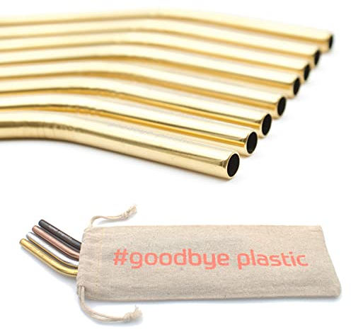GERNEO® - Labor geprüft - Strohhalm wiederverwendbar 304er Edelstahl - 8er Set + Reinigungsbürste + ToGo Bag - Rückgaberecht, kindergeeignet, umweltfreundlich & plastikfrei (Gold-gebogen-8mm)