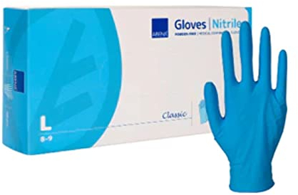 ABENA Nitril Einweghandschuhe 100 Stück Pack (Größe L) BLAU Lebensmittelecht, Reißfest, Latexfrei, Puderfrei, Hygienische Handschuhe brauchbar für Reinigungsarbeiten, Schönheitssalon & Zuhause
