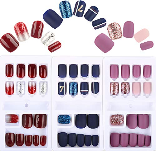 3 Boîtes 90pcs Faux Ongles Court Nail Ongle Couverture Complète Rose Bleu Rouge Paillette Brillant en ABS Transfert Pochoir Décoration DIY Accessoire de Manucure pour Femme Fille