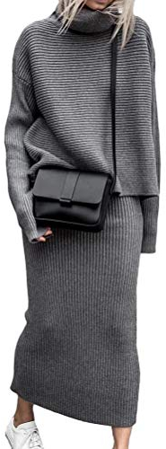 ORANDESIGNE Damen Strickkleid Zweiteiliger Anzug Pullover Oberteil und Midi Strickrock Bodycon 2 Stück Set Midikleid Rollkragen Pulloverkleid D Grau S