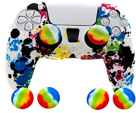 Funda para mando de PS5, funda de silicona para Playstation 5, protector con 4 tapas de joysticks para el pulgar (graffiti)