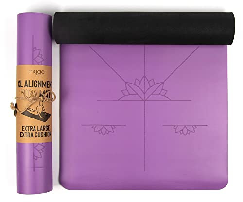 Myga Tappetino di allineamento grande con linee di allineamento del corpo, tappetino yoga antiscivolo ecologico, imbottitura in PU ad alta densità (Viola)(205 x 70 cm)