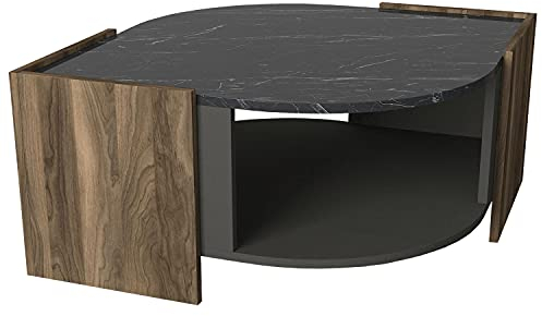 moebel17 Couchtisch Marbel Sofatisch Wohnzimmertisch Tisch fürs Wohnzimmer, Holz, Braun mit Marmor Optik, glänzende Tischplatte, großes Ablagefach, viel Stauraum, Designertisch, 75 x 40 x 75 cm 6061